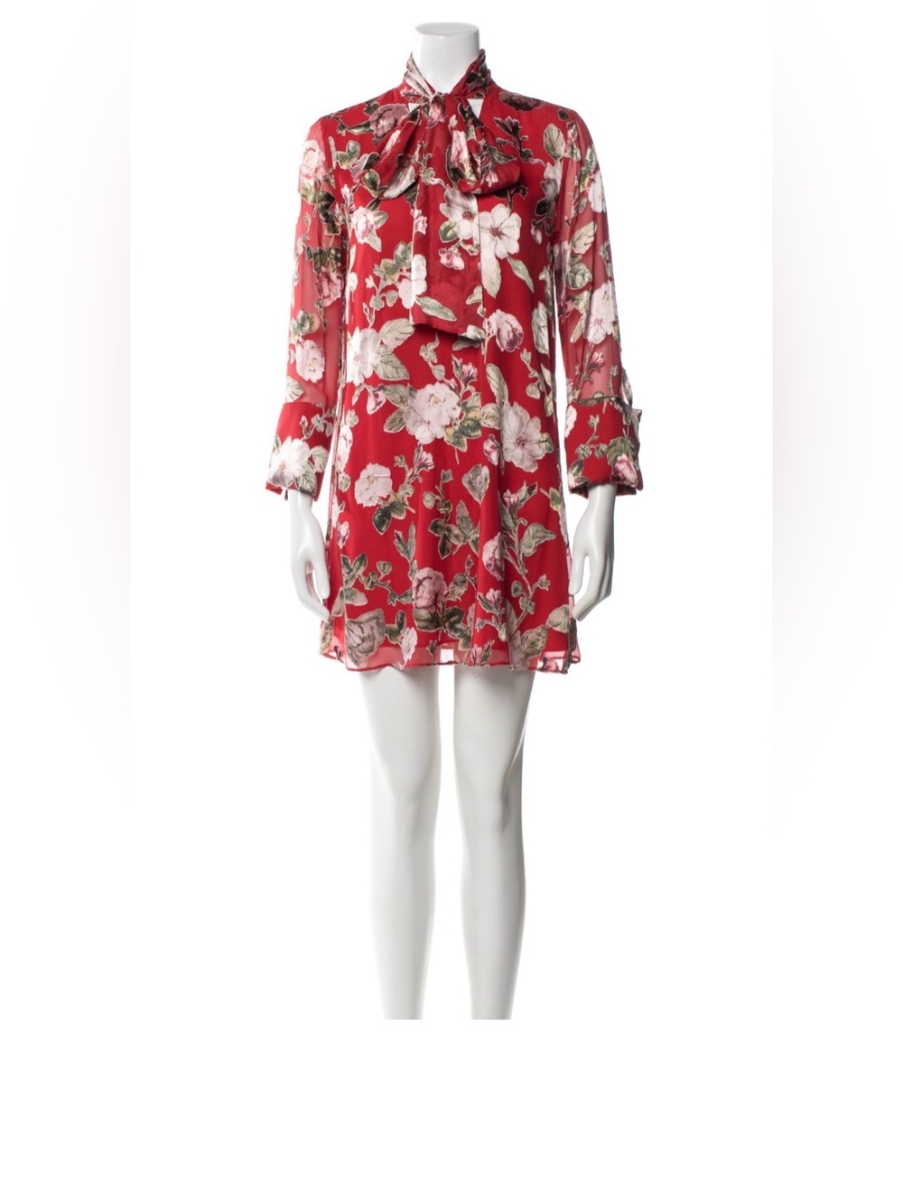 Alice + Olivia Red Floral Tie-Neck Mini Dress